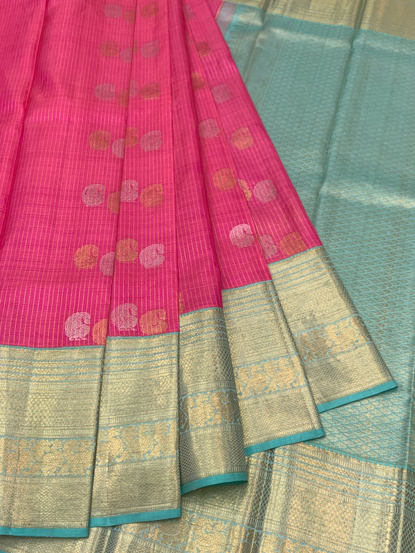 Vibrant Fuchsia Pink & Mint Green Kanjeevaram Silk Saree