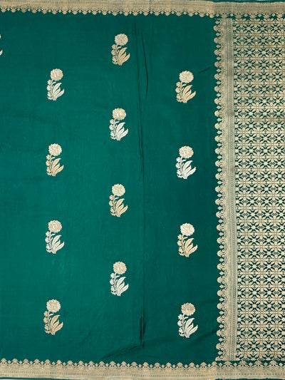 Regal Teal Green Mashru Silk Saree with Floral Buttas & Geometric Zari Pallu