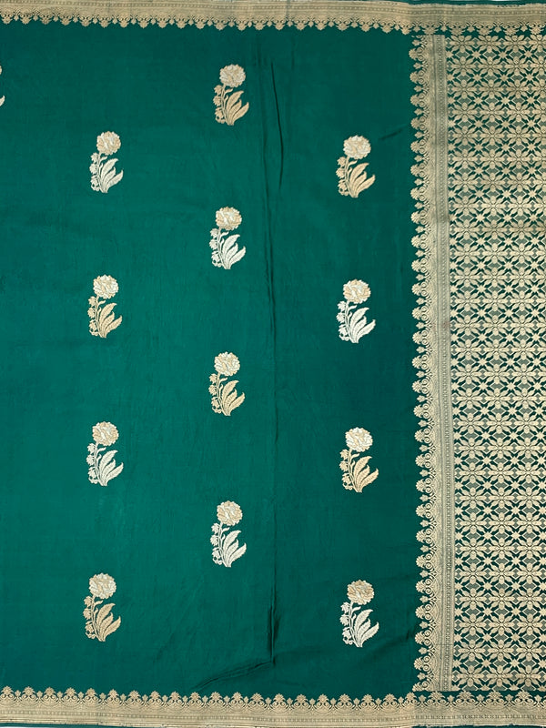 Regal Teal Green Mashru Silk Saree with Floral Buttas & Geometric Zari Pallu
