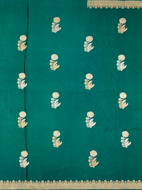 Regal Teal Green Mashru Silk Saree with Floral Buttas & Geometric Zari Pallu