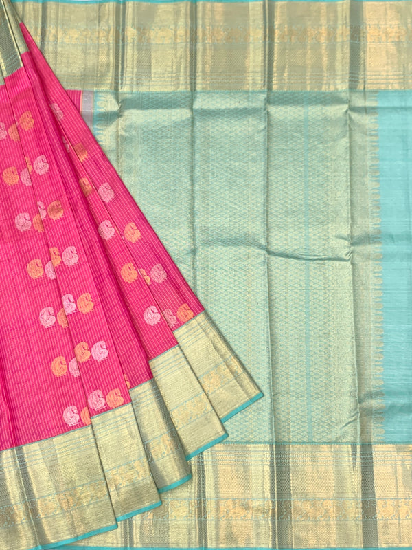 Vibrant Fuchsia Pink & Mint Green Kanjeevaram Silk Saree
