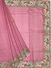 Dusty Pink Tussore Silk Saree with Checkered Weave & Embroidered Sage Floral Border