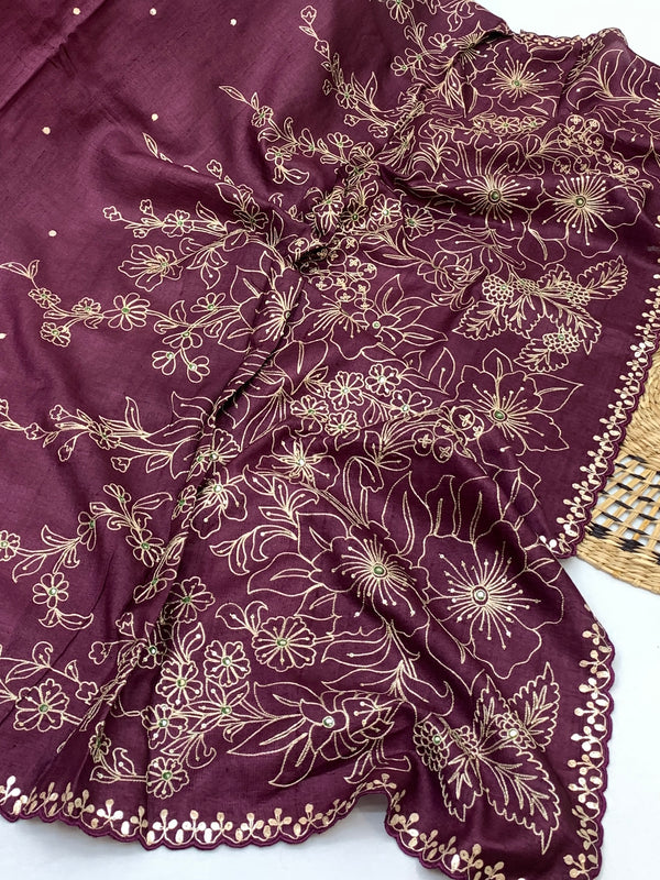 Exquisite Wine Tussore Saree With All-Over Aari & Mirror Work