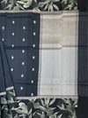 Charcoal Grey Tussore Saree with Botanical Leaf Printed Border & Woven Bootis