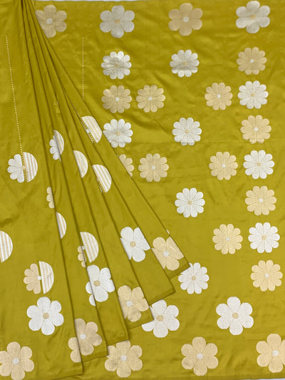 Contemporary Chartreuse Green Banarasi Silk Saree with Modern Floral Buttis