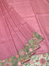 Dusty Pink Tussore Silk Saree with Checkered Weave & Embroidered Sage Floral Border