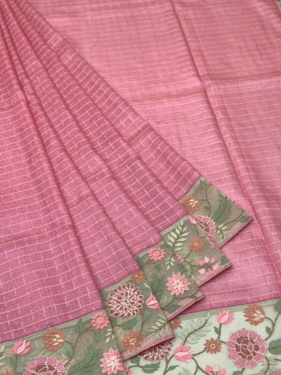 Dusty Pink Tussore Silk Saree with Checkered Weave & Embroidered Sage Floral Border