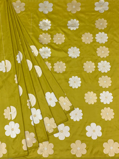 Contemporary Chartreuse Green Banarasi Silk Saree with Modern Floral Buttis