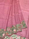 Dusty Pink Tussore Silk Saree with Checkered Weave & Embroidered Sage Floral Border