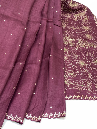 Exquisite Wine Tussore Saree With All-Over Aari & Mirror Work
