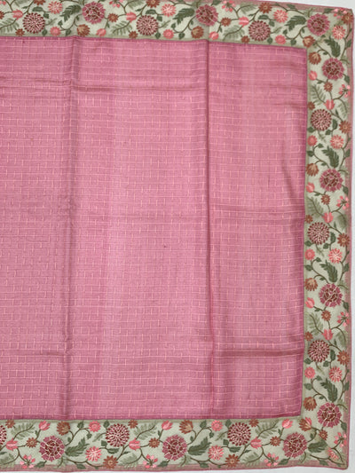 Dusty Pink Tussore Silk Saree with Checkered Weave & Embroidered Sage Floral Border
