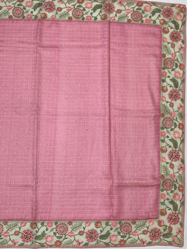 Dusty Pink Tussore Silk Saree with Checkered Weave & Embroidered Sage Floral Border