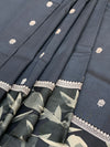 Charcoal Grey Tussore Saree with Botanical Leaf Printed Border & Woven Bootis