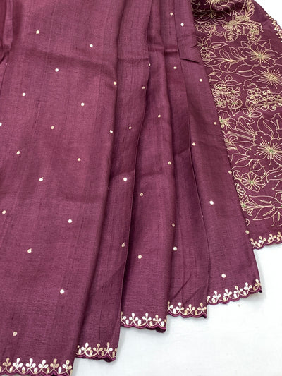 Exquisite Wine Tussore Saree With All-Over Aari & Mirror Work
