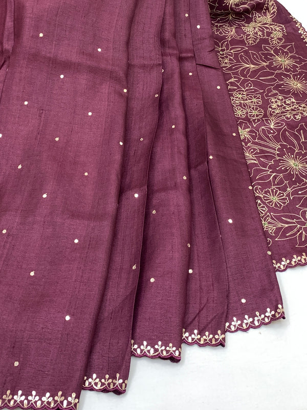 Exquisite Wine Tussore Saree With All-Over Aari & Mirror Work