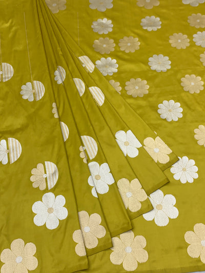 Contemporary Chartreuse Green Banarasi Silk Saree with Modern Floral Buttis