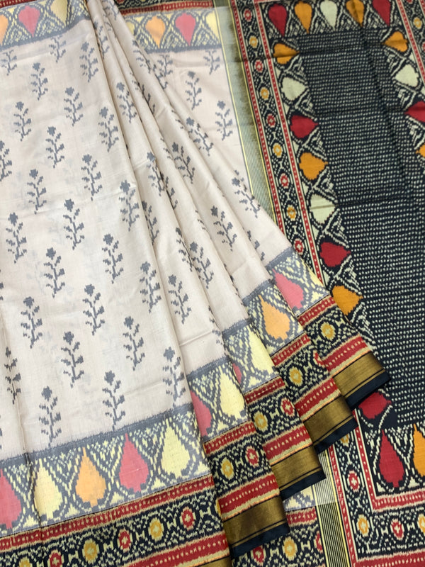 Ivory Cream & Jet Black Rajkot Patola Silk Saree