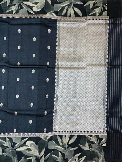 Charcoal Grey Tussore Saree with Botanical Leaf Printed Border & Woven Bootis