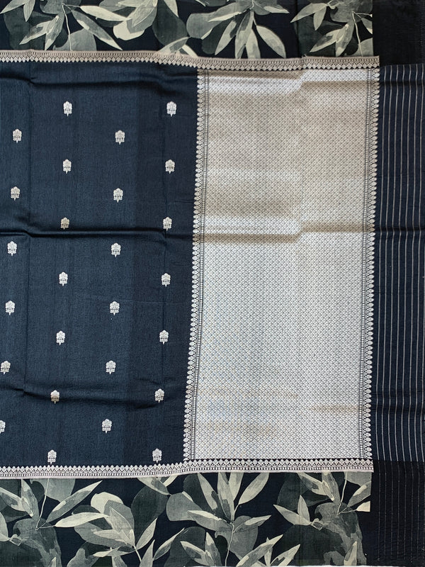 Charcoal Grey Tussore Saree with Botanical Leaf Printed Border & Woven Bootis