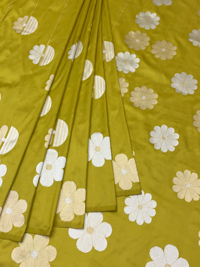 Contemporary Chartreuse Green Banarasi Silk Saree with Modern Floral Buttis