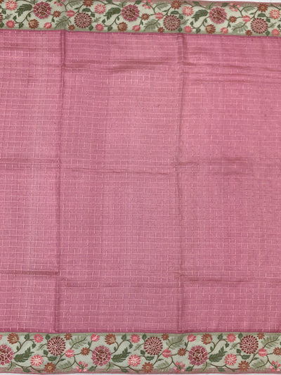 Dusty Pink Tussore Silk Saree with Checkered Weave & Embroidered Sage Floral Border