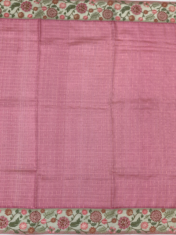 Dusty Pink Tussore Silk Saree with Checkered Weave & Embroidered Sage Floral Border