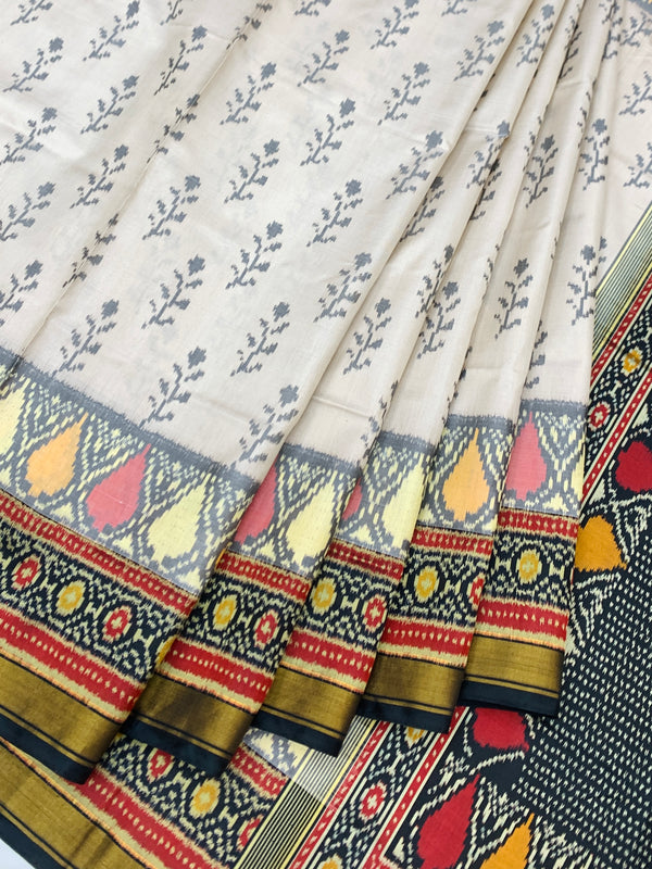 Ivory Cream & Jet Black Rajkot Patola Silk Saree