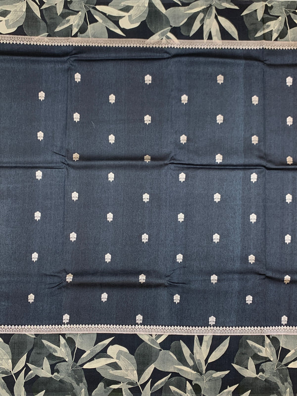 Charcoal Grey Tussore Saree with Botanical Leaf Printed Border & Woven Bootis