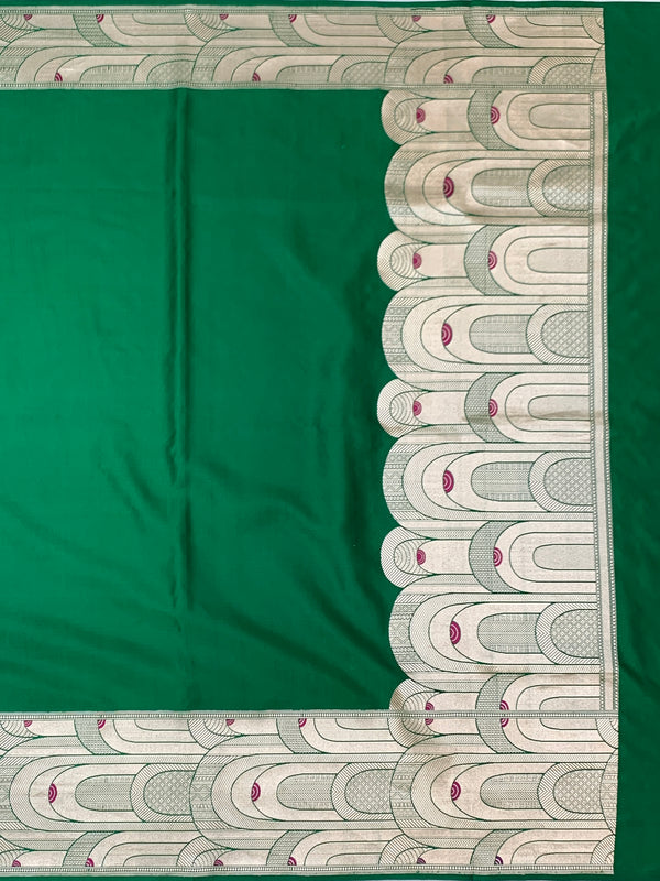 Emerald Green Mashru Silk Saree with Geometric Scallop Zari Border