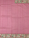 Dusty Pink Tussore Silk Saree with Checkered Weave & Embroidered Sage Floral Border