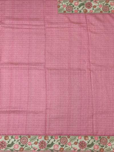 Dusty Pink Tussore Silk Saree with Checkered Weave & Embroidered Sage Floral Border