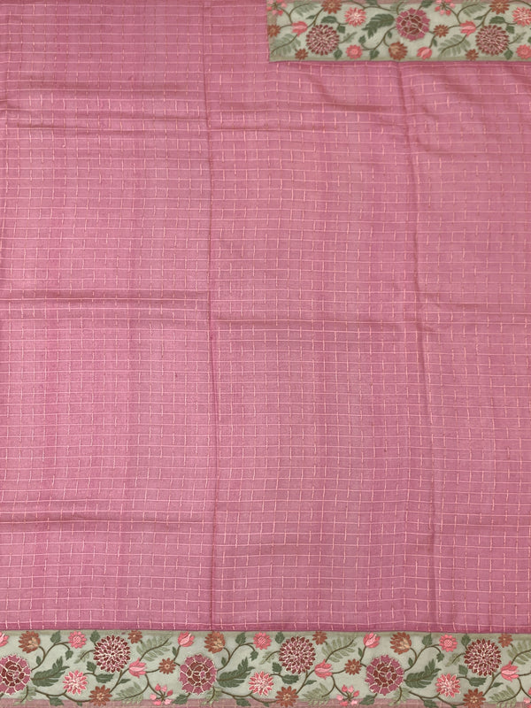 Dusty Pink Tussore Silk Saree with Checkered Weave & Embroidered Sage Floral Border