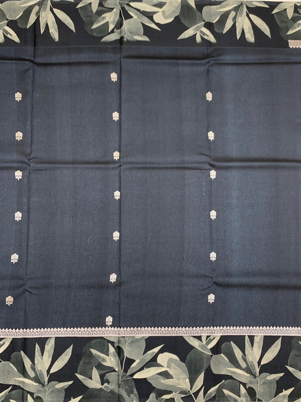 Charcoal Grey Tussore Saree with Botanical Leaf Printed Border & Woven Bootis