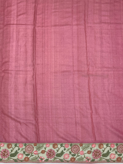 Dusty Pink Tussore Silk Saree with Checkered Weave & Embroidered Sage Floral Border