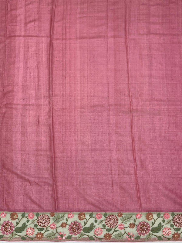 Dusty Pink Tussore Silk Saree with Checkered Weave & Embroidered Sage Floral Border