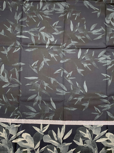 Charcoal Grey Tussore Saree with Botanical Leaf Printed Border & Woven Bootis