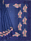 Royal Blue Tussore Silk Saree with Pink Floral Bootis & Tonal Embroidered Border