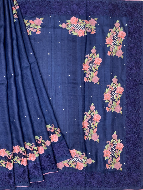 Royal Blue Tussore Silk Saree with Pink Floral Bootis & Tonal Embroidered Border