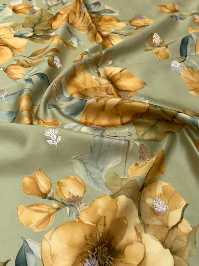 Elegant Sage Green Floral Mashru Silk Saree