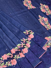 Royal Blue Tussore Silk Saree with Pink Floral Bootis & Tonal Embroidered Border