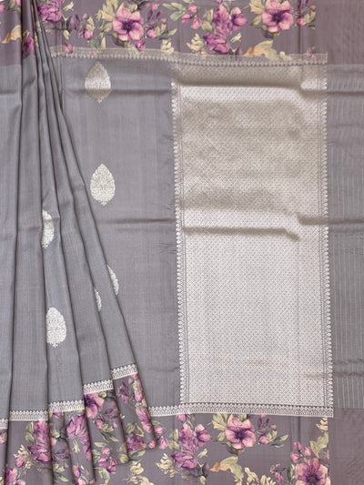Elegant Grey Tussore Saree with Floral Printed Border