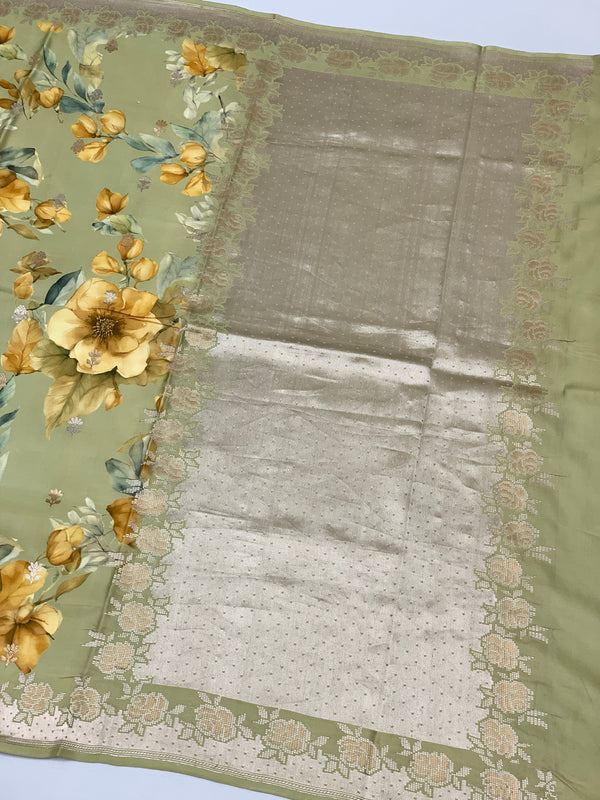 Elegant Sage Green Floral Mashru Silk Saree