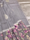 Elegant Grey Tussore Saree with Floral Printed Border