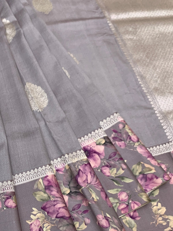Elegant Grey Tussore Saree with Floral Printed Border