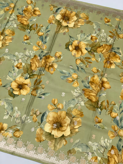 Elegant Sage Green Floral Mashru Silk Saree