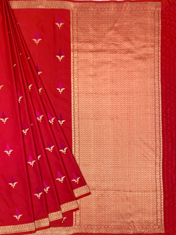 Vibrant Crimson Red Mashru Silk Saree with Zari Motifs & Pallu