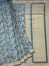 Slate Blue Mashru Silk Saree with Botanical Weave and Micro-Check Blouse