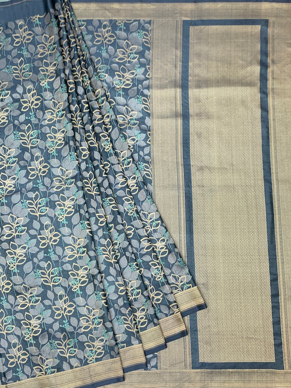 Slate Blue Mashru Silk Saree with Botanical Weave and Micro-Check Blouse
