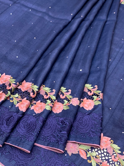 Royal Blue Tussore Silk Saree with Pink Floral Bootis & Tonal Embroidered Border