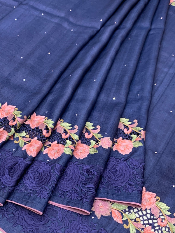 Royal Blue Tussore Silk Saree with Pink Floral Bootis & Tonal Embroidered Border